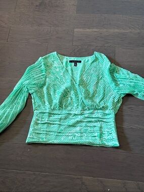 White House Black Market Mint Green V-Neck Smocked Bodice Blouse